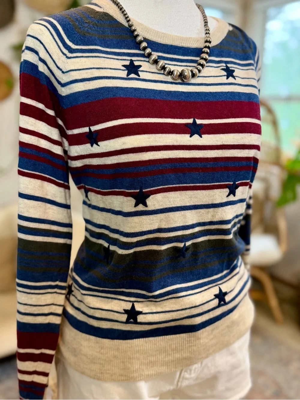 ARIAT Stars and Stripes Knit Top Sweater Red White Blue Patriotic 4th of July S - Picture 3 of 9